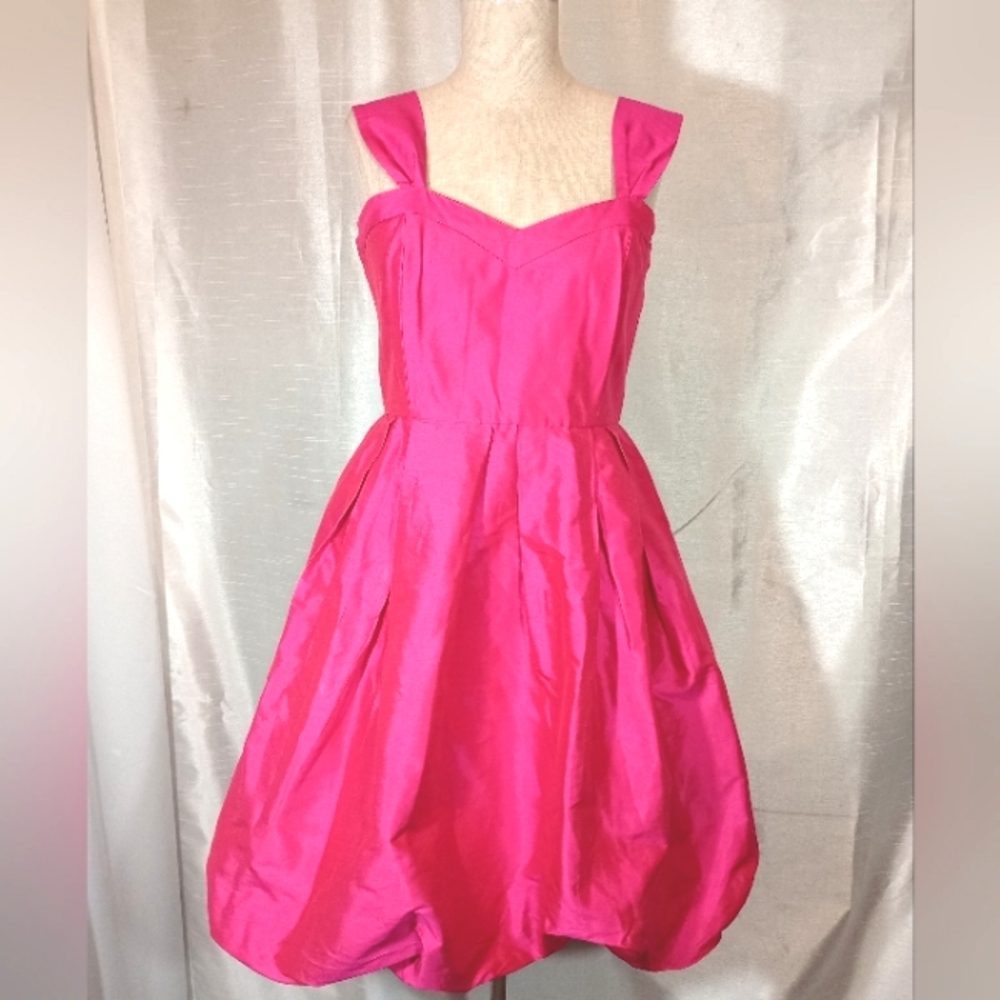 Kara Janx Silk Formal Dress Fuchsia, Straps, Puffed Tulle, Pleats, Lined, Zip, 8